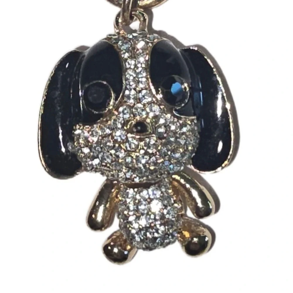 Rhinestone Puppy Dog Keychain Bag Charm Rose Gold Tone Black Enamel Articulated